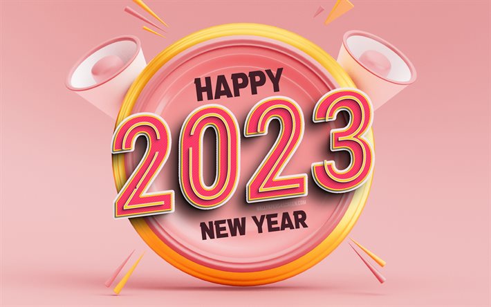 2023 Happy New Year, pink 3D digits, 4k, alarm clock, 2023 concepts, xmas decorations, 2023 3D digits, Happy New Year 2023, creative, 2023 pink digits, 2023 pink background, 2023 year