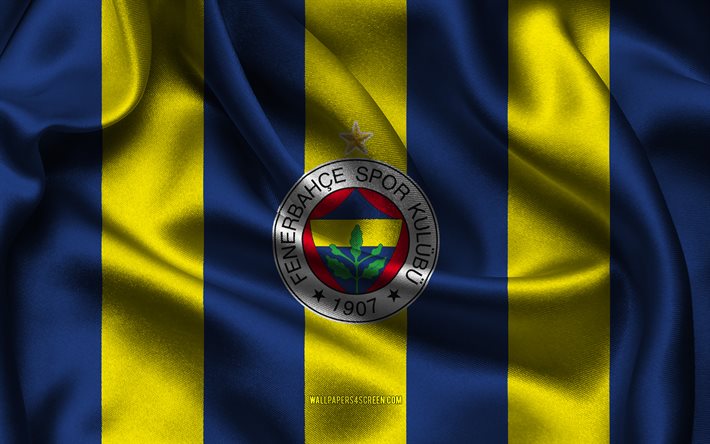 4k, Fenerbahce logo, blue yellow silk fabric, Turkish football team, Fenerbahce emblem, Super Lig, Fenerbahce, Turkey, football, Fenerbahce flag