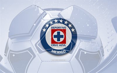Cruz Azul glossy logo, 4K, blue football background, Liga MX, soccer, mexican football club, Cruz Azul 3D logo, Cruz Azul emblem, Cruz Azul FC, football, sports logo, Cruz Azul