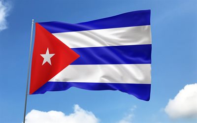 깃대에 쿠바 국기, 4k, 북미 국가, 파란 하늘, 쿠바의 국기, 물결 모양의 새틴 플래그, 쿠바 국기, 쿠바 국가 상징, 깃발이 달린 깃대, 쿠바의 날, 북아메리카, 쿠바