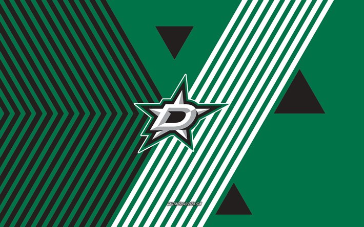 logotipo de las estrellas de dallas, 4k, equipo de hockey americano, fondo de líneas negras verdes, estrellas de dallas, nhl, eeuu, arte lineal, emblema de las estrellas de dallas, hockey