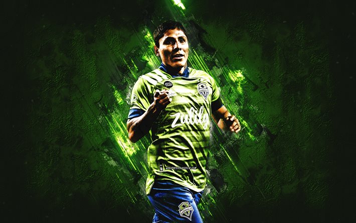 Raul Ruidiaz, Seattle Sounders FC, Peruvian soccer player, portrait, MLS, USA, green stone background, grunge art, Soccer, Major League Soccer