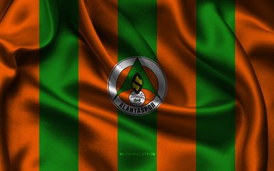 4k, logo dell'alanyaspor, tessuto di seta verde arancio, squadra di calcio turca, emblema di alanyaspor, superlig, alanyaspor, tacchino, calcio, bandiera dell'alanyaspor