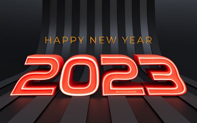 2023 Happy New Year, red 3D digits, 4k, black 3D lines, 2023 concepts, 2023 3D digits, Happy New Year 2023, creative, 2023 red digits, 2023 black background, 2023 year