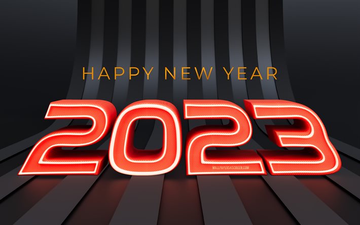2023 سنة جديدة سعيدة, أرقام ثلاثية الأبعاد حمراء, 4k, خطوط سوداء ثلاثية الأبعاد, 2023 مفاهيم, 2023 رقم ثلاثي الأبعاد, عام جديد سعيد 2023, خلاق, 2023 أرقام حمراء, 2023 خلفية سوداء, 2023 سنة