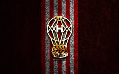 CA Huracan golden logo, 4k, red stone background, Liga Profesional, argentine football club, CA Huracan logo, soccer, CA Huracan emblem, Club Atletico Huracan, CA Huracan, football, Huracan FC