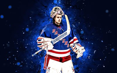 Igor Shesterkin, 4k, blue neon lights, New York Rangers, NHL, hockey, Igor Shesterkin 4K, blue abstract background, Igor Shesterkin New York Rangers, NY Rangers
