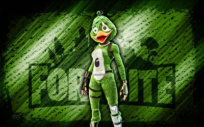 grünes quaken fortnite, 4k, grüner diagonaler hintergrund, grunge kunst, vierzehn tage, kunstwerk, grüne quackling haut, fortnite charaktere, grünes quaken, fortnite grüner quackling skin