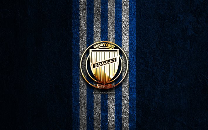 ゴドイクルスの金色のロゴ, 4k, 青い石の背景, リーガプロフェッショナル, アルゼンチン サッカー クラブ, ゴドイ・クルスのロゴ, サッカー, ゴドイ・クルスの紋章, ゴドイ・クルーズ, ゴドイ・クルス・アントニオ・トンバ, フットボール, ゴドイ・クルスfc