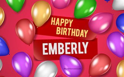 4k, エンバリーお誕生日おめでとう, ピンクの背景, エンバリーの誕生日, リアルな風船, 人気のあるアメリカの女性の名前, エンバーリー名, エンバリーの名前の写真, お誕生日おめでとうございます, エンバリー
