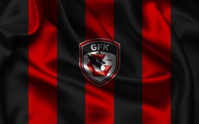 4k, logo do gaziantep fk, tecido de seda preto vermelho, time de futebol turco, emblema do gaziantep fk, super lig, gaziantep fk, peru, futebol, gaziantep fk bandeira