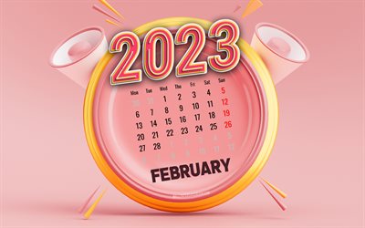 2023년 2월 달력, 4k, 분홍색 배경, 겨울 달력, 2023년 컨셉, 핑크 3d 시계, 2023년 달력, 2월