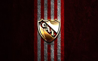 CA Independiente golden logo, 4k, red stone background, Liga Profesional, argentine football club, CA Independiente logo, soccer, CA Independiente emblem, Club Atletico Independiente, CA Independiente, football, Independiente FC