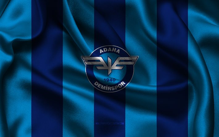4k, logo adana demirspor, tessuto di seta blu, squadra di calcio turca, emblema di adana demirspor, superlig, adana demirspor, tacchino, calcio, bandiera dell'adana demirspor