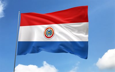 Paraguay flag on flagpole, 4K, South American countries, blue sky, flag of Paraguay, wavy satin flags, Paraguayan flag, Paraguayan national symbols, flagpole with flags, Day of Paraguay, South America, Paraguay flag, Paraguay