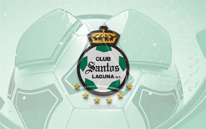 サントス ラグーナの光沢のあるロゴ, 4k, 緑のサッカーの背景, リーガ mx, サッカー, メキシカン フットボール クラブ, サントス ラグーナの 3d ロゴ, サントス ラグーナのエンブレム, サントス・ラグナfc, フットボール, スポーツのロゴ, サントス ラグナ