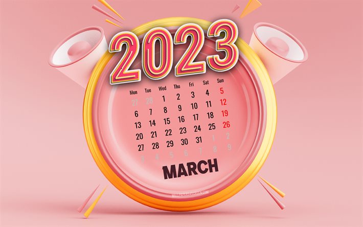 2023년 3월 달력, 4k, 분홍색 배경, 봄 달력, 2023년 컨셉, 핑크 3d 시계, 2023년 달력, 3월