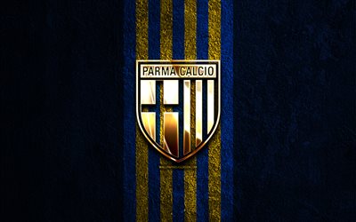 parma calcio 1913 goldenes logo, 4k, hintergrund aus blauem stein, serie b, italienischer fußballverein, parma calcio 1913 logo, fußball, emblem von parma calcio 1913, parma calcio 1913, fc parma