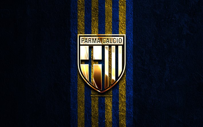 Parma Calcio 1913 golden logo, 4k, blue stone background, Serie B, Italian football club, Parma Calcio 1913 logo, soccer, Parma Calcio 1913 emblem, Parma Calcio 1913, football, Parma FC