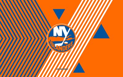 logotipo de los isleños de nueva york, 4k, equipo de hockey americano, fondo de líneas azules naranjas, isleños de nueva york, nhl, eeuu, arte lineal, emblema de los isleños de nueva york, hockey