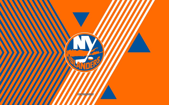 شعار new york islanders, 4k, فريق الهوكي الأمريكي, البرتقالي خطوط زرقاء الخلفية, نيويورك ايلاندرز, nhl, الولايات المتحدة الأمريكية, فن الخط, شعار سكان جزر نيويورك, الهوكي
