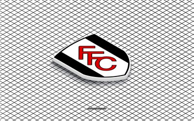 4k, Fulham FC isometric logo, 3d art, English football club, isometric art, Fulham FC, white background, Premier League, England, football, isometric emblem, Fulham FC logo