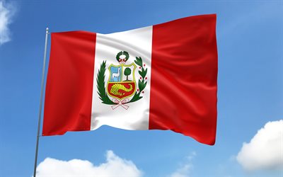 Peru flag on flagpole, 4K, South American countries, blue sky, flag of Peru, wavy satin flags, Peruvian flag, Peruvian national symbols, flagpole with flags, Day of Peru, South America, Peru flag, Peru