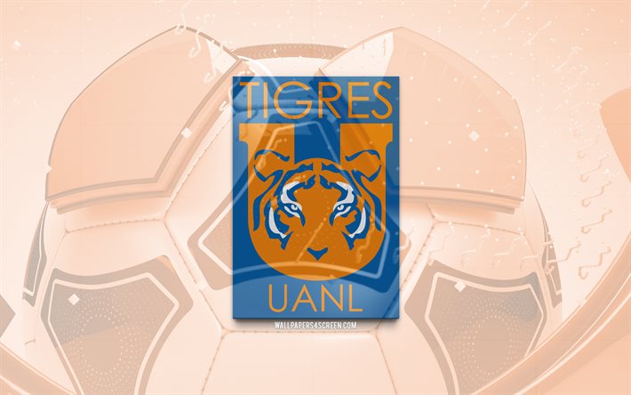 logotipo brilhante tigres uanl, 4k, fundo de futebol laranja, liga mx, futebol, clube de futebol mexicano, logo tigres uanl 3d, tigres emblema uanl, tigres uanl fc, logotipo esportivo, tigres uanl