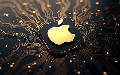 goldenes apple logo, 4k, schwarzer technologiehintergrund, apple emblem, apple 3d logo, apfel goldzeichen, schwarzes mainboard, apple zeichen, apple logo, apfel