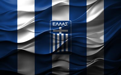4k, Greece national football team logo, blue white 3D background, Europe, Greece national football team emblem, Greece national football team flag, 3D texture, Greece national football team, football, Greece