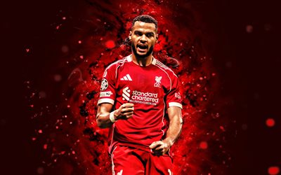 4k, Cody Gakpo, red abstract background, Liverpool, Premier League, Dutch footballers, Cody Gakpo 4K, football, soccer, LFC, red neon lights, Cody Mathes Gakpo, Liverpool FC, Cody Gakpo Liverpool