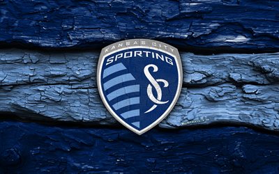 Sporting Kansas City wooden logo, 4k, blue wooden background, MLS, soccer, Sporting Kansas City logo, football, Sporting Kansas City emblem, Sporting Kansas City, american soccer club, Sporting Kansas City FC