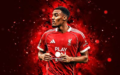 4k, Ryan Gravenberch, red abstract background, Liverpool FC, Premier League, Dutch footballers, Ryan Gravenberch 4K, red neon lights, football, soccer, LFC, Liverpool, Ryan Gravenberch Liverpool