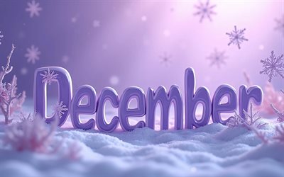 4k, 12月, クリエイティブ, 紫色の 3d 文字, 雪の吹きだまり, 紫色の抽象的な背景, 12 月のコンセプト, ボケ味, 月の名前, 12月の碑文, 冬の概念, 12月の言葉, 12 月の背景