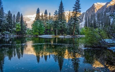 पहाड़, नदी, लकड़ी, अमेरिका, सर्दी, Yosemite राष्ट्रीय उद्यान, कैलिफ़ोर्निया, संयुक्त राज्य अमेरिका