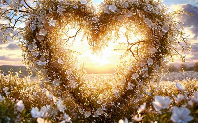 cuore di fiori, buon san valentino, sera, tramonto, sfondo con il cuore, love spring, concetti romantici