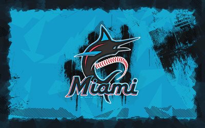 miami marlins grunge logosu, 4k, mlb, mavi grunge arka plan, beyzbol, miami marlins amblemi, miami marlins logosu, amerikan beyzbol takımı, miami marlins
