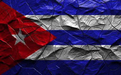 4k, علم كوبا, نسيج الحجر, أمريكا الشمالية, علم كوبا ثلاثي الأبعاد, الخلفية مع الشقوق, كوبا, العلم الكوبي