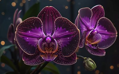 koyu mor orkideler, 4k, tropikal çiçek, büyük mor orkide çiçeği, orkideler, mor orkideler, orkide arka planı, orchis maskula, koyu orkide, canlı mor orkideler