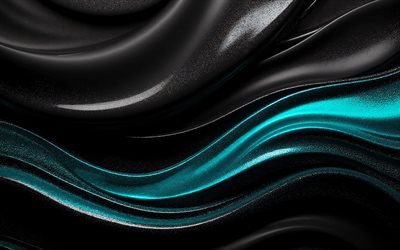Black 3D waves background, black background with turquoise glitter waves, black turquoise waves background, dark turquoise waves background, turquoise glitter waves