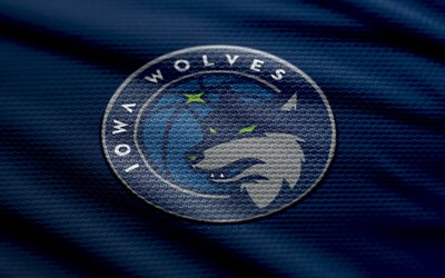 Iowa Wolves fabric logo, 4k, blue fabric background, NBA G League, bokeh, basketball, Iowa Wolves logo, Iowa Wolves emblem, american basketball team, Iowa Wolves