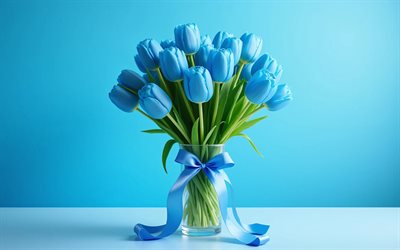 الزنبق الأزرق, 4k, تقليلية, زهور الربيع, خلفية زرقاء, باقة من زهور التوليب, زهور جميلة, القوس الأزرق, ربيع, الخلفية مع زهور التوليب, زهور زرقاء, زهور التوليب