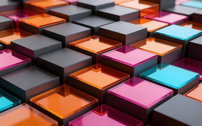 4k, cuadrados de vidrio de colores, bokeh, de cerca, patrones de cuadrados, formas 3d, creativo, cubos 3d, fondos coloridos en 3d, cuadrados 3d, macro, coloridos cuadrados 3d, fondo con cuadrados, macrocuadros, cubos