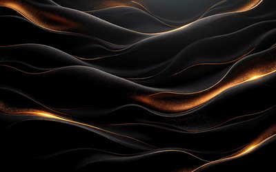 Black 3D waves background, luxury waves background, black background with gold glitter waves, black gold waves background, dark gold waves background, gold glitter waves