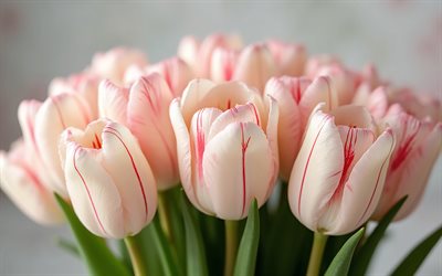 Beige tulips with pink veins, 4k, bouquet of beige tulips, tulips with pink veins, tulips, spring flowers, pink tulips