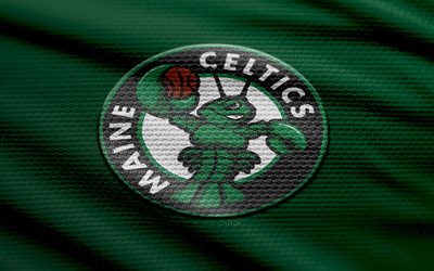 logo en tissu des celtics du maine, 4k, fond de tissu vert, ligue nba g, bokeh, basket ball, logo des celtics du maine, emblème des celtics du maine, équipe américaine de basket ball, celtics du maine