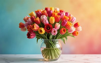 4k, bunte tulpen, glasvase, regenbogenhintergrund, frühlingsblumen, minimalismus, strauß tulpen, wunderschöne blumen, bunter bogen, frühling, hintergrund mit tulpen, bunte blumen, tulpen