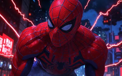 homme araignée, 4k, éclairages rouges, super héros, obscurité, marvel bandes dessinées, art 3d, illustrations de spider man, oeuvre d'art, spider man 4k