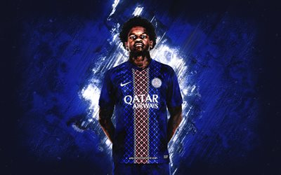 Quentin Ndjantou, PSG, French footballer, blue stone background, grunge art, Paris Saint-Germain, Ligue 1, France, football, Quentin Ndjantou PSG, Quentin Ndjantou Paris Saint-Germain