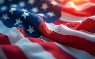 4k, bandera americana, de cerca, bokeh, 4 de julio, bandera de estados unidos, bandera de tela de ondas 3d, día de la independencia, bandera americana de tela, estados unidos, eeuu, cuatro de julio, bandera de tela de estados unidos